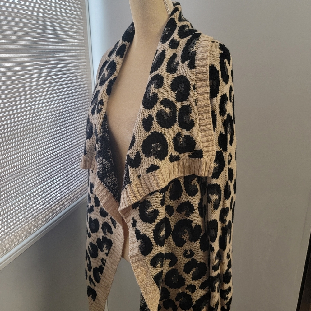 Leopard Print Cardigan Sweater Open Front Raglan Sleeve Project S+F Womens L - Picture 2 of 8
